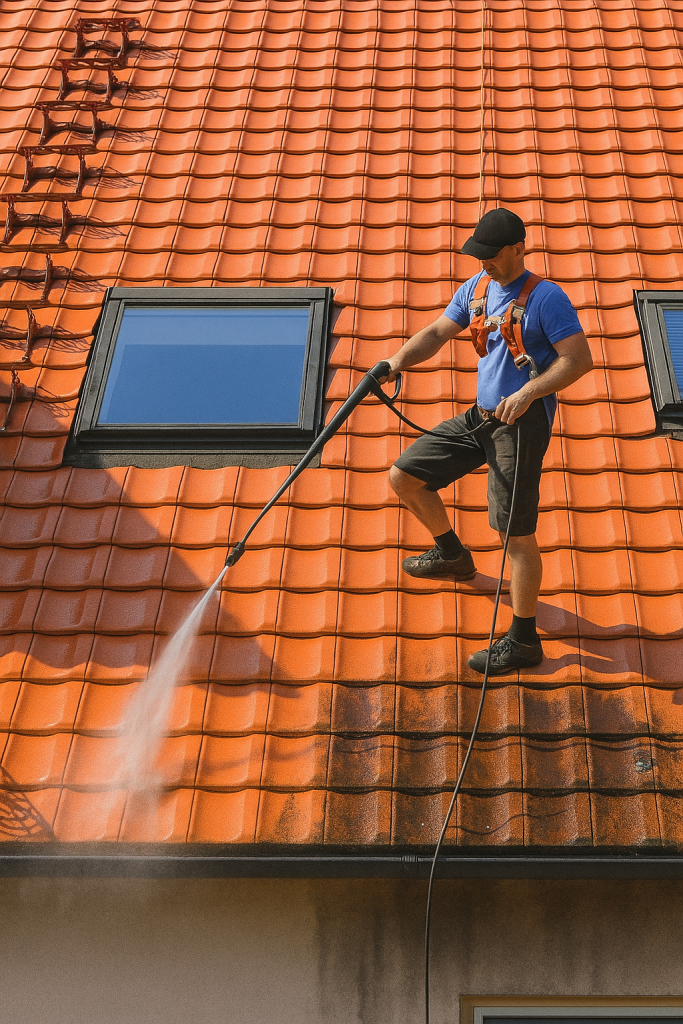 Artisan couvreur effectuant le démoussage d’une toiture à Villejuif